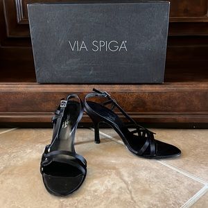 Via Spiga Black satin strap crossover stiletto 3 inch heel size 6 1/2